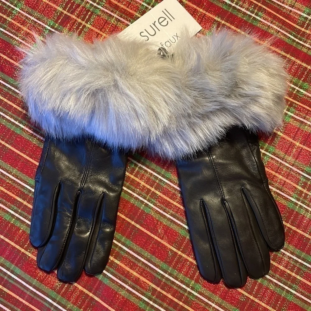 Brand New SURELL Genuine Leather Black Gloves with Gray Faux Fur Cuff